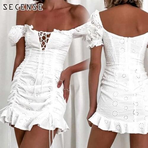 Lace Shirring Dress White Ruffle Sleeve Hollow Out Square Collar French Style Mini Dress Slim Pleated Summer Women Clothing