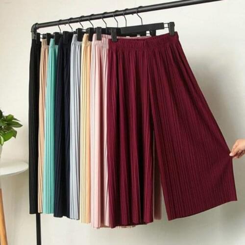 IKENGLING Womens Girls Summer Pants Thin Pleated Wide-leg Wear Stretch Chiffon Trousers Fashion Clothes Gifts Solid 6 Colors