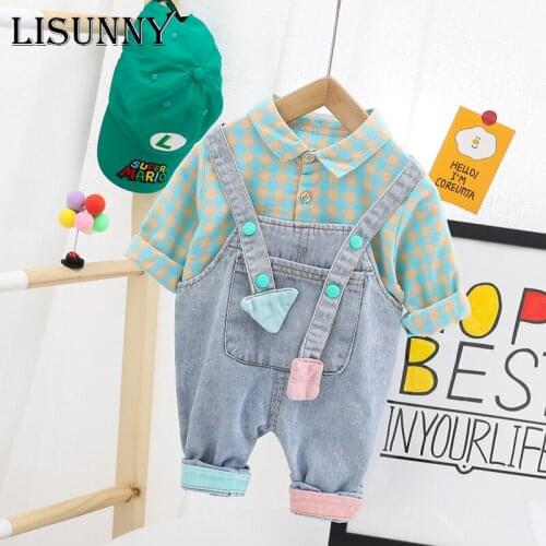 LISUNNY Baby Boys Clothing Sets 2021 Autumn Newborn Infant Clothes Plaid Shirt Denim Overalls Children Kids Casual Costume