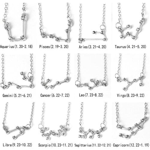 Fashion Twelve Constellation Rhinestone Pendant Clavicle Chain Necklace Silver Color Star Zodiac Sign Necklace For Best Friend