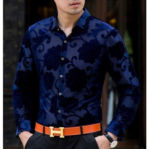 Fashion Sexy Flower Velvet Shirt Mens See Through Silk Lace Shirt Floral Dress Shirt long Sleeve Summer Shirts Drop Shipping
