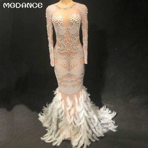 New Women Sexy Mesh Long Dress Sparkling Crystals Pearl White Feather Tail Singer Show Costume