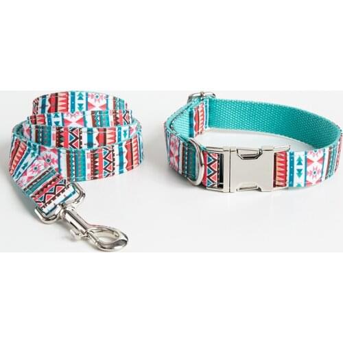 Personalized Dog Collar Leash Set Graffiti Pattern Cotton Dog Collars Pet Walking Leash Customized ID Tag For Medium Large Dogs