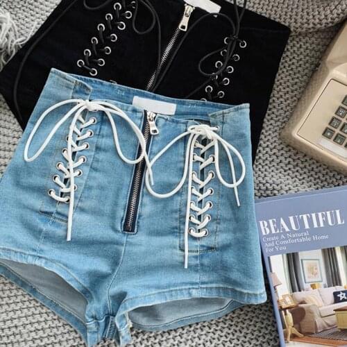 Sexy Summer Women Denim Shorts 2020 New Black Blue High Waist Ripped Short Jeans Femme Tassel Lace Up Bandage Hotpants