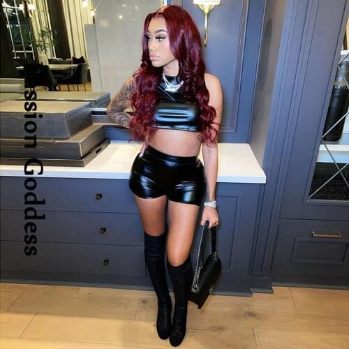 Sexy Women 2 Piece Shinny PU Leather Sets Backless Crop Tops High Waist Bodycon Shorts Nightclub Party Leather Two Piece Outfits
