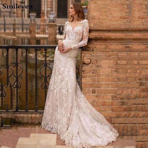 Smileven Champagne Mermaid Wedding Dress 2021 Long Sleeve Appliqued Lace Bridal Dresses Illusion Back Vintage Wedding Gowns