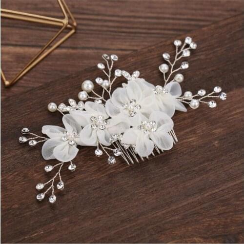White Flower Leaf Rhinestone Hair Combs Wedding Prom Hair Accessories Bridal Women Pearl Hair Ornament Head Decoration