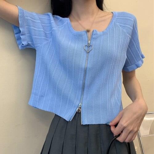 Female Knitted T-shirt Fashion Slim Wild Square Collar Short-sleeved T Shirt 2020 New Heart-shaped Zipper Cardigan Solid T Shirt