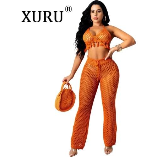 XURU European and American Womens Sexy Jumpsuit Two-piece Knitted Mesh Hollow Woolen Jumpsuit