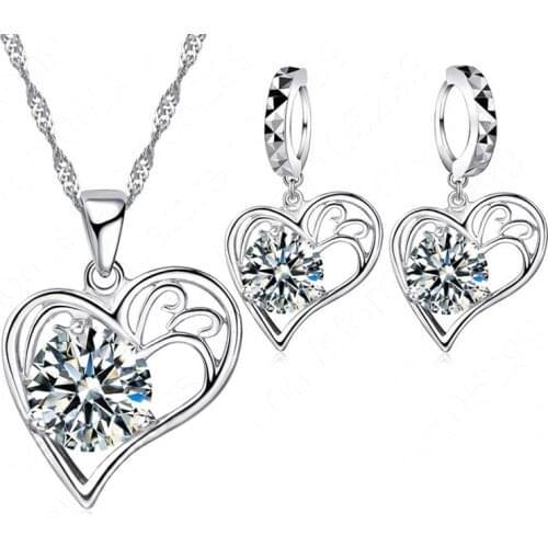 Latest Model Charming Heart For Women Wedding Decoration 925 Sterling Silver Crystal Necklace Earring Jewelry Sets