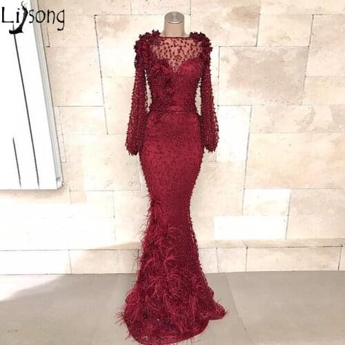 Burgundy Mermaid Prom Dresses 2020 Hand Made Beading Feathers Evening Dress Long Sleeves Formal Party Gowns Robe de soiree