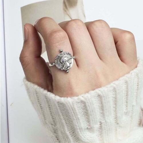 Real 925 Sterling Silver Rings for Women Vintage Elizabeth Portrait Retro Coin Ring Open Adjustable Ladies Statement Jewelry