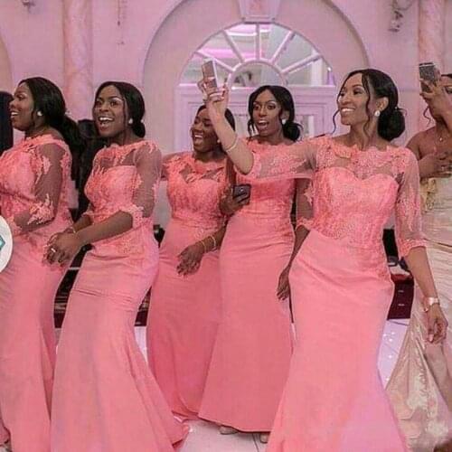 2020 Gorgeous Blush Pink Mermaid African Plus Size Bridesmaid Dresses Long Sleeves Wedding Guest Dress Vintage Lace Formal Wear