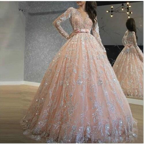 2021 Sparkly Pink Quinceanera Dresses Sequin Lace Ball Gown Prom Dresses Jewel Neck Long Sleeve Sweet 16 Dress Long Formal