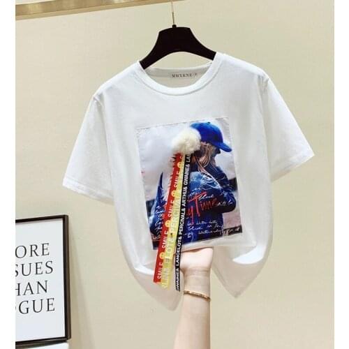 2021 Korean Summer T shirt Women Tops Kawaii Diamonds Tshirt Women Clothes Short Sleeve Casual White Cotton Tee Shirt Femme