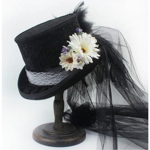 4 Size Black Women Wool Top Hat Bride Lady Mesh Fedpra Hat Steampunk Beaver Cosplay Party Wedding Hat