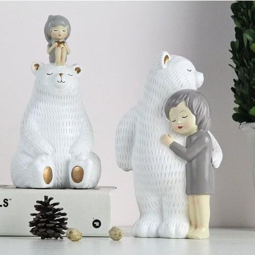 Bear and Girl White Statue Resin Portrait Fairy Garden Figurine Desk Decor Ornaments Home Decor Modern Childrens Room Decoration