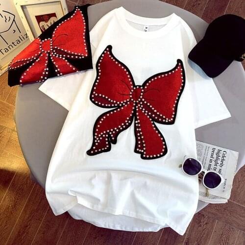 Black White Vintage 100% Cotton Tees Printed Diamond Bow Short-Sleeved Long T-shirt Summer Loose Casual Tide Brand Bottoming Top