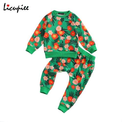 1-4 Years Toddler Baby Casual Fall Winter Clothes Floral Leaves Printed Top Sweatshirt and Long Pant Sets