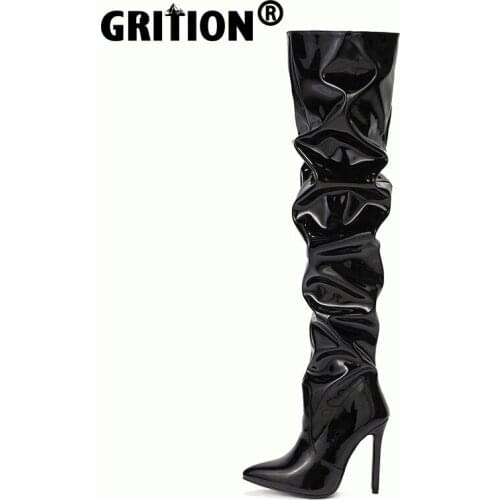 GRITION Women Boots Over The Knee Thigh High Boots 2020 Thin High Heels Fashion Party Ladies Sexy Patent PU Leather Zipper Shoes