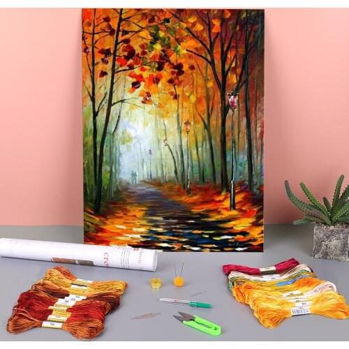 Oil Painting Style Fog Alley Pre-Printed 11CT Cross Stitch Embroidery Patterns DMC Threads Handmade Needlework Hobby Jewelry