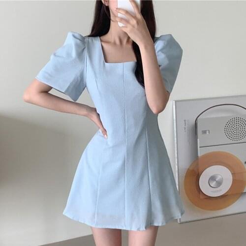 Korean Chic Temperament Gentle Square Collar Exposed Collarbone Slim Slimming Thin Puff Sleeve A-Line Dress Skirt