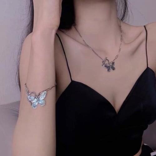 Korean Retro Butterfly Necklace for Women OT Buckle Chain Long Hollow Earrings Bracelet Gothic Party Jewelry Set Trend New