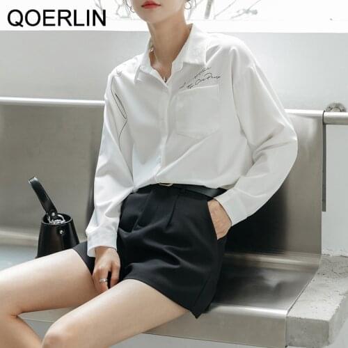 QOERLIN Fashion Woman Blouses 2021 Vintage Print Chiffon Shirt Womens Oversize Shirt Plus Size Buttons Up Full Length White Top
