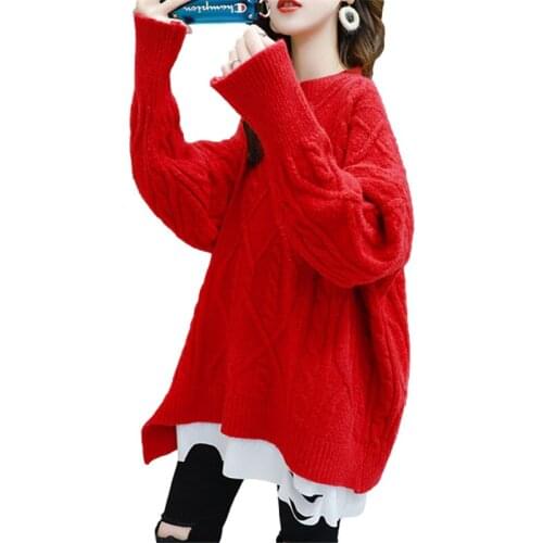 Fashion Red Pink Blue Knitted Sweater Women Autumn Winter Jumper Ladies Fake Two Loose Long Sleeve Knitting Pullover Tops Female