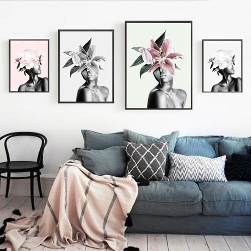Black Woman Head With Flowers Fashion Poster Canvas Painting Feminine Floral Modern Photo Art Print Wall Picture Home Room Decor