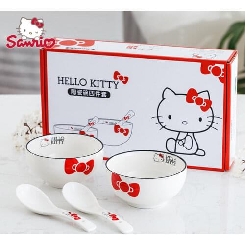 TAKARA TOMY Hello Kitty Cutlery Gift Set Cute Lady Set Ceramic Bow Simple Bowl Spoon 4 Piece Set Gift Tableware