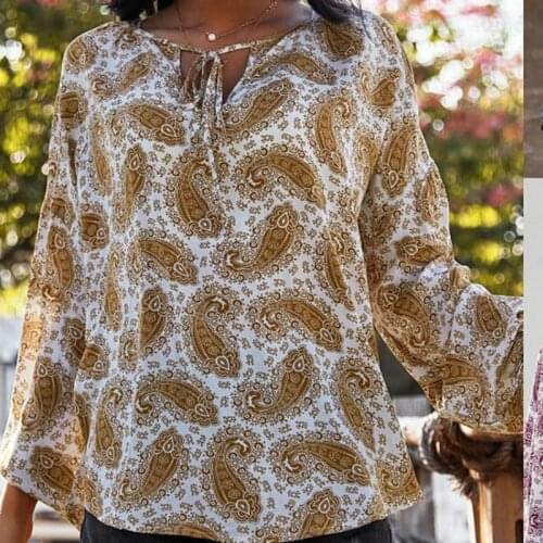 2021 New Womens Vintage Boho Print Blouses Oversized Long Sleeve V-neck Loose Casual Shirts Pullover Top Blusas Mujer De Moda