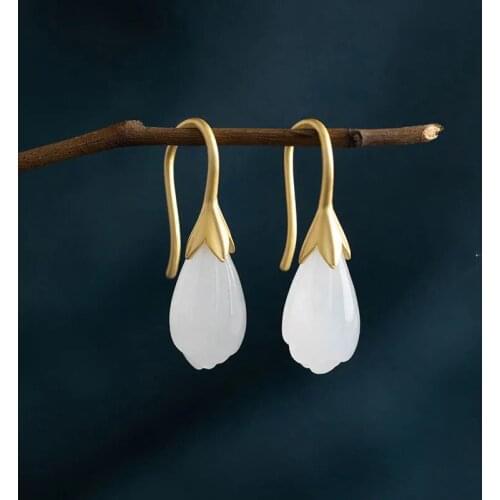 New silver inlaid natural Hotan White Magnolia Earrings Chinese style retro minority design charming womens brand jewelry