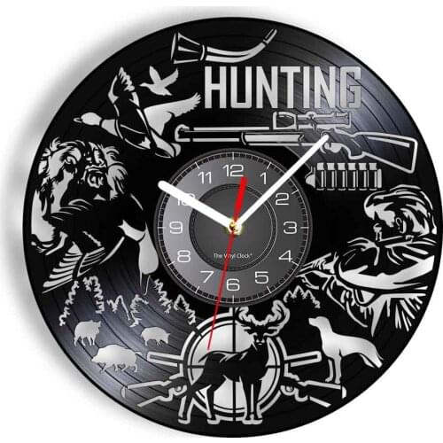 Hunting Shooting Vintage Vinyl Record Wall Clock Cynegetics Wildlife Animals Hunters Home Decor Laser Cut Handicraft Watches