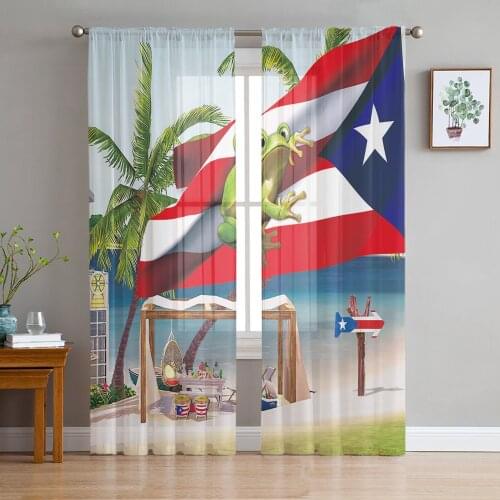 Palm Tree Puerto Rico Flag Frog Beach Voile Tulle Sheer Curtains for Bedroom Living Room Kitchen Decor Chiffon Windows Curtain