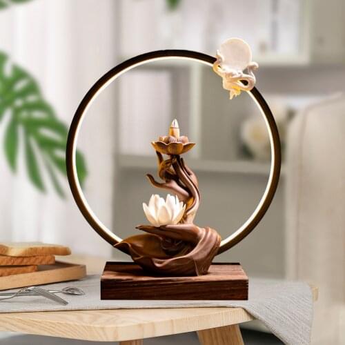 Louts Waterfall Incense Holder Backflow Inscent Cone Burner LED Light Handcraft