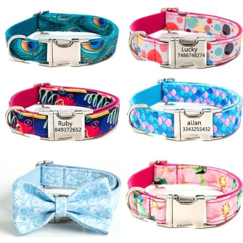 Adjustable Custom Dog Collar Personalized Engraved Dog Collars for Small Medium Large Dogs Cat Collar Detachable bow tie Printed