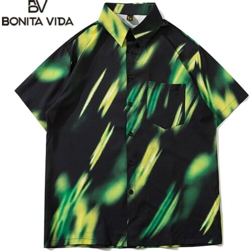 Bonita Vida Harujuku Hip Hop Shirt Oversized Men Summer Aurora Gradient Print Fast Drying Thin Cool Short Sleeve Beach Shirts