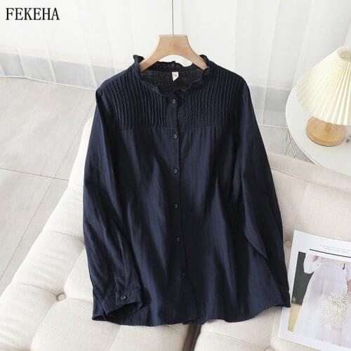Double Cotton Yarn Shirts Women Stand Up Collar Blouses Long Sleeve White Lady Tops Female Clothes