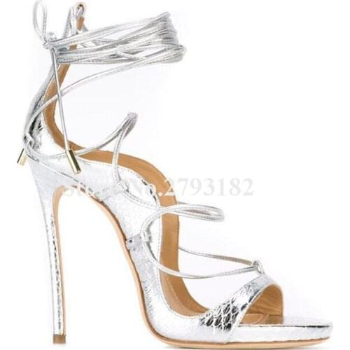 Brand Design Women Fashion Open Toe Pattern Leather Stiletto Heel Gladiator Sandals Lace-up Silver Gold High Heel Sandals