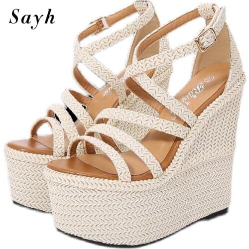 Womens Summer Sandals Buckle Open Toe Pumps 16cm High-Heel Sandals Wedge Heels Shoes