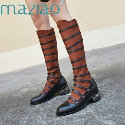 Round Toe Med Heels Knee High Boots Rivets Long Boots Autumn Winter Fashion Punk Narrow Band Boots Party Women Shoes MAZIAO