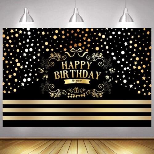 Happy Birthday Party Backdrop Sequin Stripe Black Gold Glitter Adult Photography Background Shining Dots Banner Photocall