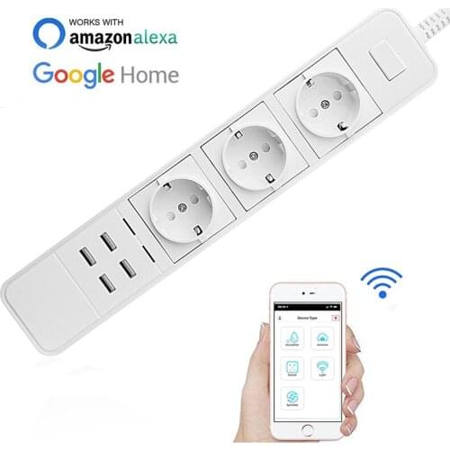 OPC723 10A EU wifi Remote Control Power Socket Strip 3 Sockets 4 USB port single plug Support Alexa Google Assistant