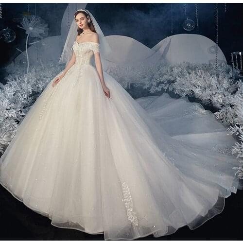 Wedding Dress Boat Neck Appliques Wedding Dresses for Women with Train Bridal Dress