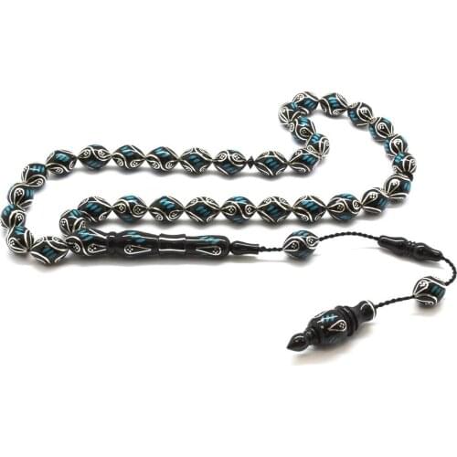 Tesbihane Caliper İşçilikli Silver-Turquoise Embroidered Barley Cut Erzurum Oltu stone Rosary (M-2)