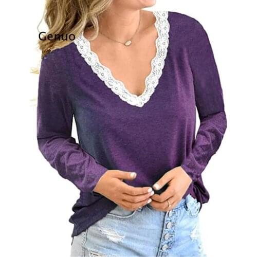 New Sexy V-Neck Female Stitching Lace T-Shirt Solid Color Casual Spring Autumn Long-Sleeved Loose Poleras Mujer Size S-XXL Tops