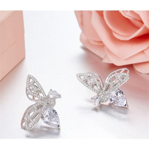 New Brand 925 Sterling Silver Small Bee Stud Earrings 3A Cubic Zirconia Stones Monaco Women Party Birthday Jewelry Gift