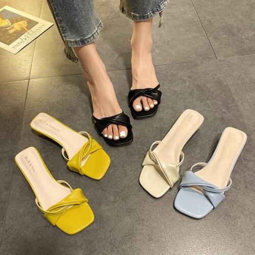 Bailamos 2020 New Summer Slippers Low Heels Slides Female Open Toe Square Heel Slipper Narrow Band Sandal Outdoor Flip Flops