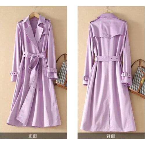 Women Trench Coat 2021 Spring Autumn Female Turn-Down Collar Double Breasted Purple Outerwear Medium Length Outwear New Arrive